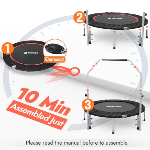 BCAN 40" Foldable Mini Trampoline, Fitness Rebounder with Adjustable Foam Handle, Exercise Trampoline for Adults Indoor/Garden Workout Max Load 330lbs