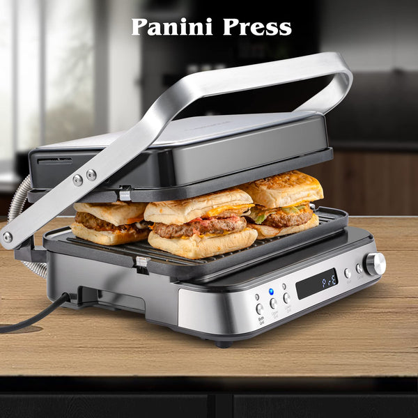 AMZCHEF 4-in-1 Machine (Contact Grill, Griddle, Waffle Iron, Sandwich Maker) - 2000 W, with 4 Non-Stick Removable Plates, with Freely Adjustable Time and Temperature - XXL