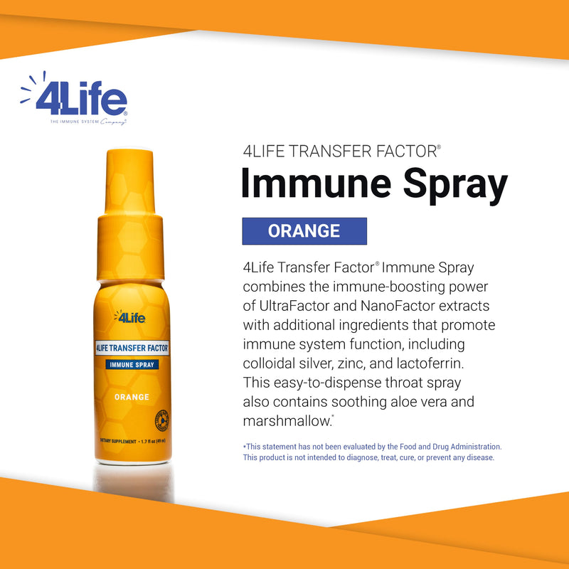 4Life Transfer Factor Immune Spray - Mouth and Throat Immune System Support Spray - Formula with Zinc, Marshmallow Root Extract, and Colloidal Silver - 1.7 Fluid Ounces - Orange Flavor