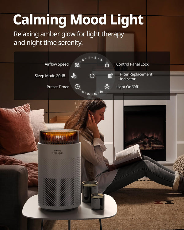 COWAY AIRMEGA 100 Air Purifier (White) - H13 True HEPA Filter for Bushfire Smoke, Allergies, Pollen Dust, Mould, Pet Hair, Dander | 360° Quiet Air Cleaner with Sleep Mode (20dB), Calming Night Light