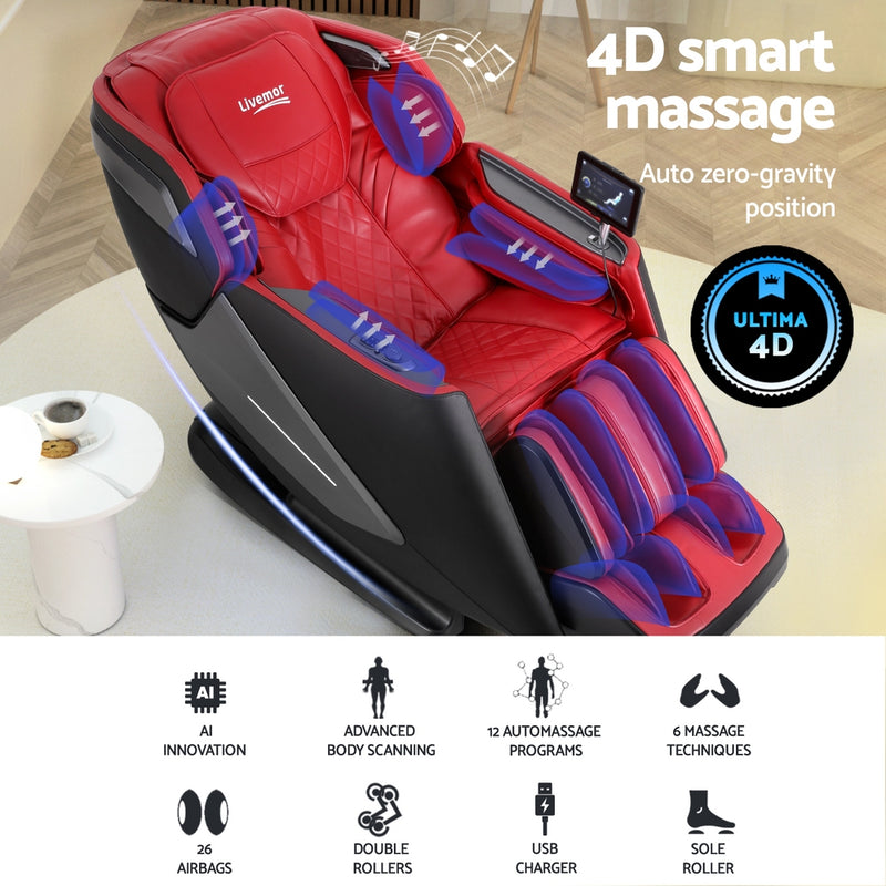 Livemor 4D Massage Chair Electric Recliner Home Massager Red