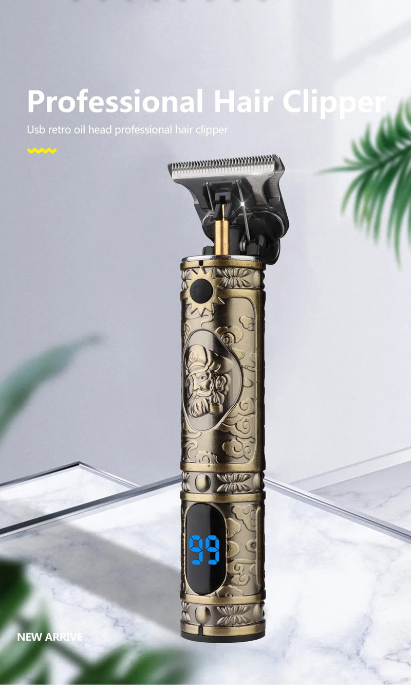 LCD Hair Clipper Barber Professional Electric Trimmer Shaver Beard Vintage - Gold