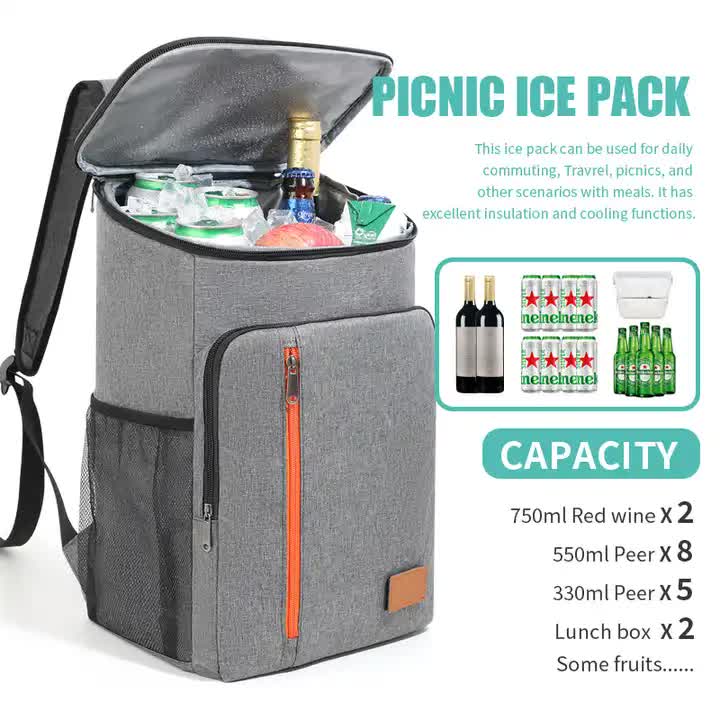 Insulated Cooler Backpack- Stylish Portable Fresh-keeping Picnic Outdoor Backpack and Travel Bag 18L (Gray)