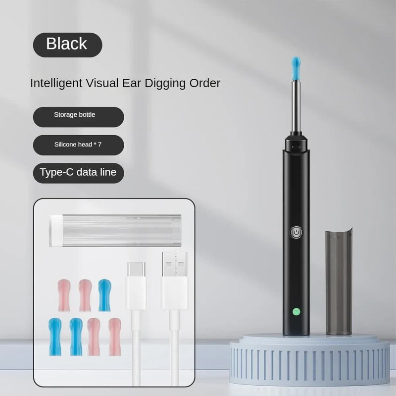 Black Smart Visual Ear Cleaner with 7 Silicone Tips and Type-C Charging Cable