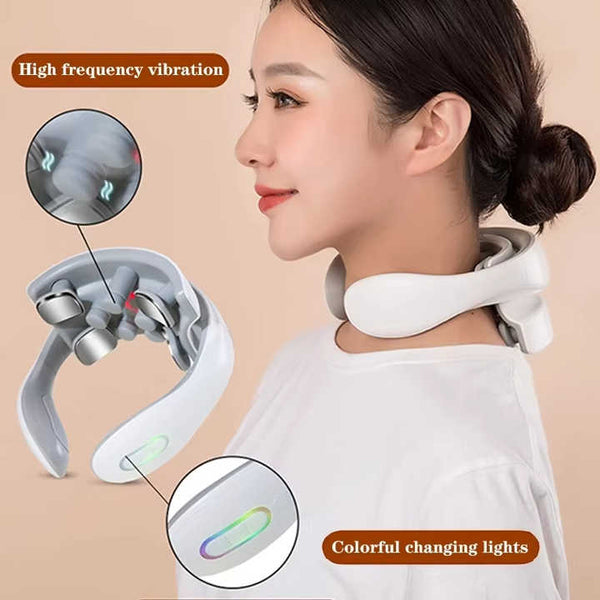 White Portable Electric Neck Massager – Intelligent Pulse Therapy with Heat and 4 Massage Heads