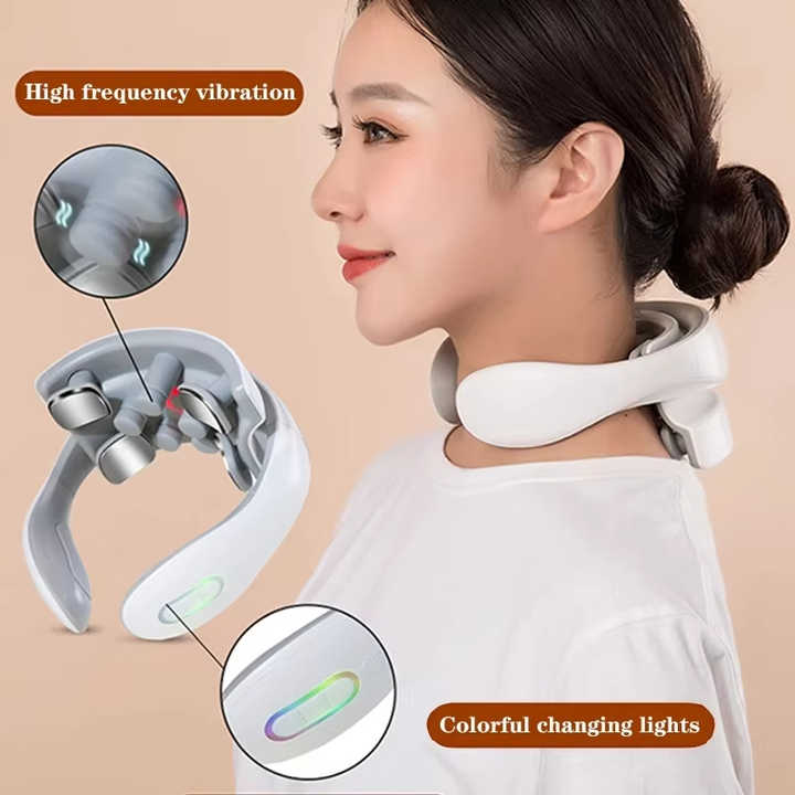 White Portable Electric Neck Massager – Intelligent Pulse Therapy with Heat and 4 Massage Heads