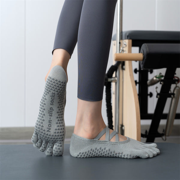 2 Pcs Grey Non-Slip Yoga Pilates Socks with Toe Design for Women - Cotton Blend with Anti-Slip Silicone Grip