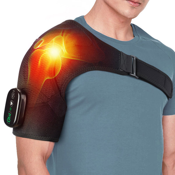 Black Rechargeable Heated Shoulder Massager with LED Display - Adjustable Compression Wrap for Pain Relief and Relaxation