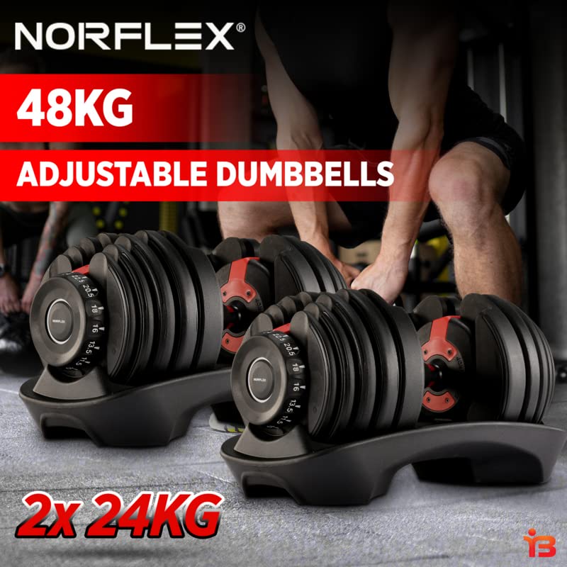 Norflex 2x 24kg Smart Adjustable Dumbbells for Home, Gym, Exercise & Fitness - High Intensity Muscle Building Weight Lifting Plates - Workout Set Equipment for Men & Women - Dumbbell Rack Included
