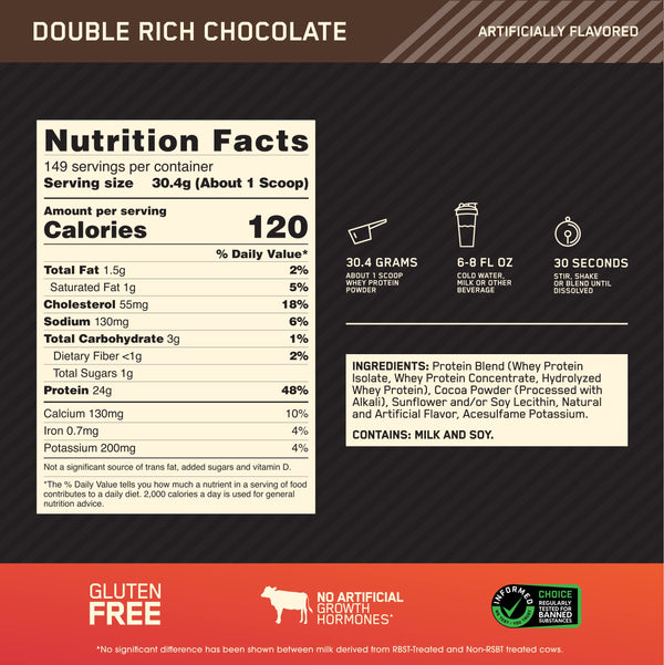 Optimum Nutrition Gold Standard 100% Whey Protein Powder, Double Rich Chocolate, 4.55 Kilograms