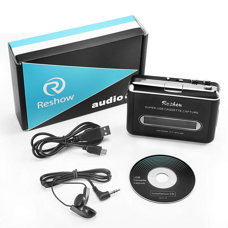 Reshow Cassette Player – Portable Tape Player Captures MP3 Audio Music via USB – Compatible with Laptops and Personal Computers – Convert Walkman Tape Cassettes to iPod Format (Black)