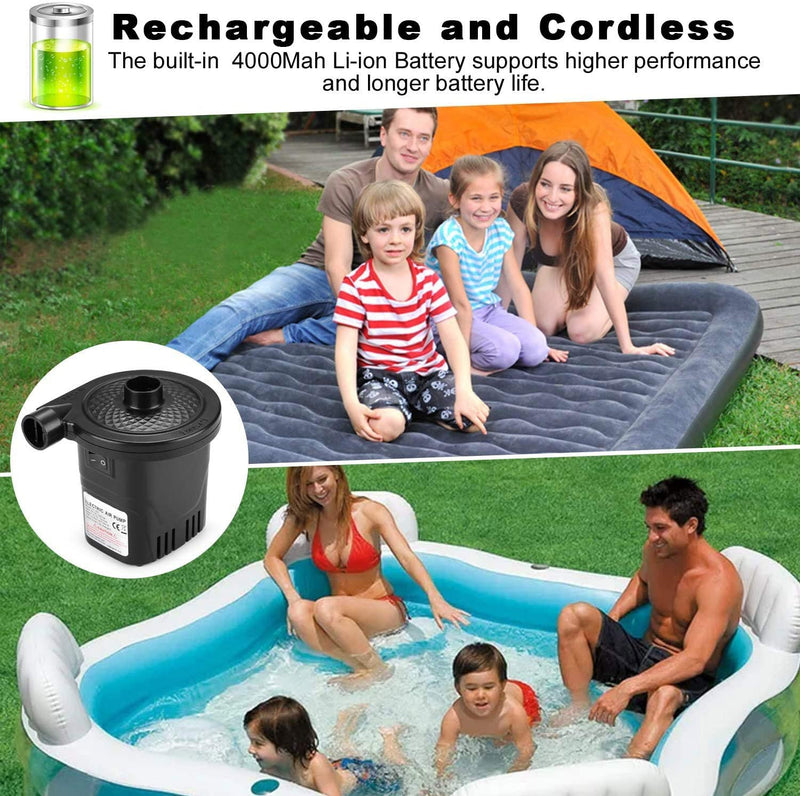 Battery Powered Electric Air Pump for Inflatables, Quick Inflator & Deflator Rechargeable Portable Air Mattress Pump for Air Beds Toys with 3 Nozzles